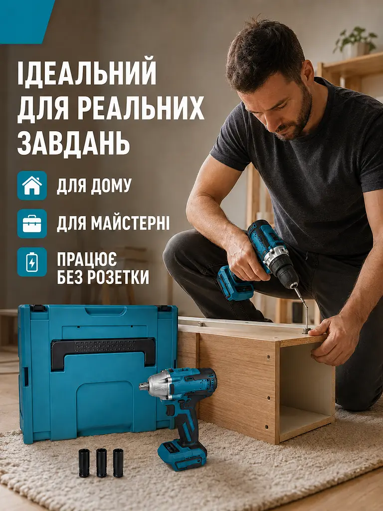 Набір інструментів 3 в 1 з болгаркою, шуруповертом і гайковертом 48V у кейсі (49676040) - фото 9