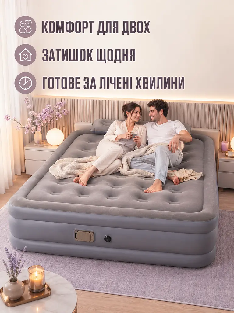 Надувний двоспальний матрац-ліжко 200×150×40 см із вбудованим електричним насосом і 2 подушками сірий (49676097) - фото 8