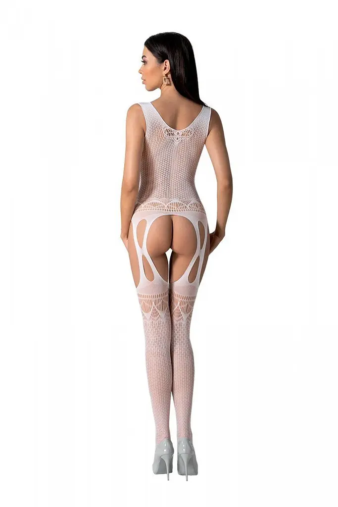 Бодістокінг з плетінням на грудях Passion BS099 One Size, white, відкритий доступ, імітація підв’язо - фото 2