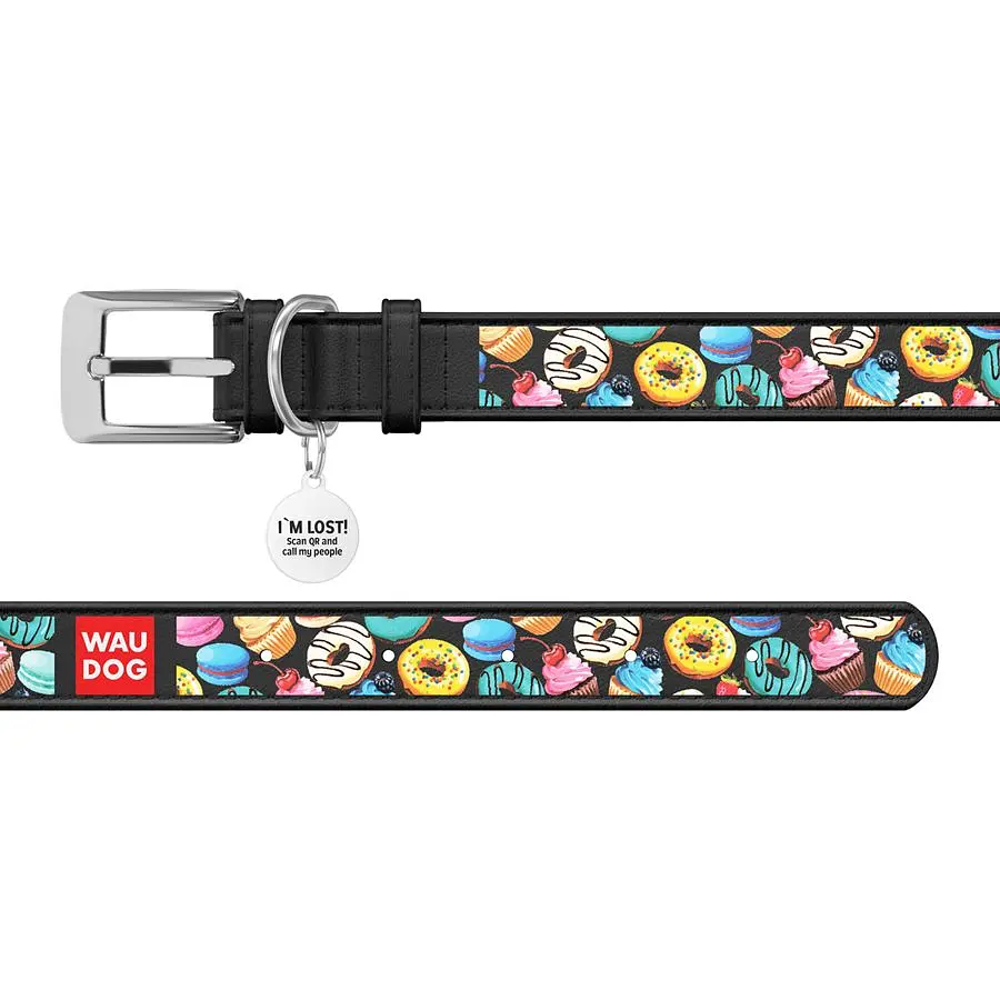 Ошейник для собак Waudog Design Пончики, кожаный, с QR паспортом, 27-36х1,5 см, черный - фото 3