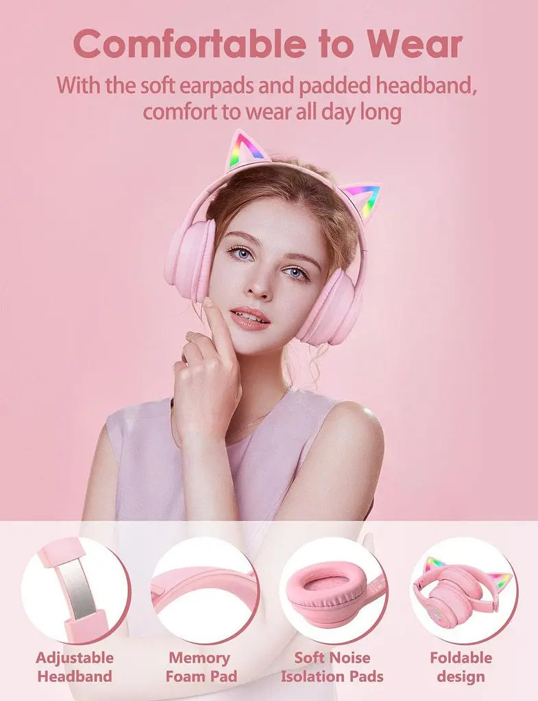 Ігрові Bluetooth навушники Onikuma з котячими вушками, RGB-підсвіткою та мікрофоном рожевий - фото 6