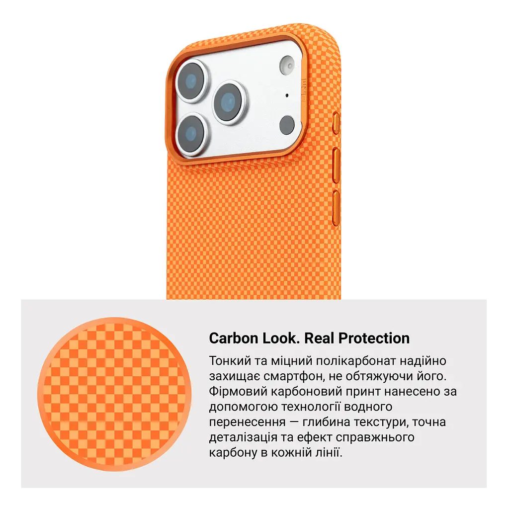 Карбоновый чехол для Apple iPhone 17 Pro, LikeCarbon2 MagCase, оранжевый, тонкий защитный чехол-панель из поликарбоната с магнитами N52, MagSafe, противоударный, совместим с беспроводной зарядкой, приподнятые края для защиты камеры - фото 7