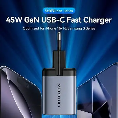 Зарядний пристрій Vention 2xUSB-C PD45W GaN transparent gray (FCFH0-EU) - фото 2