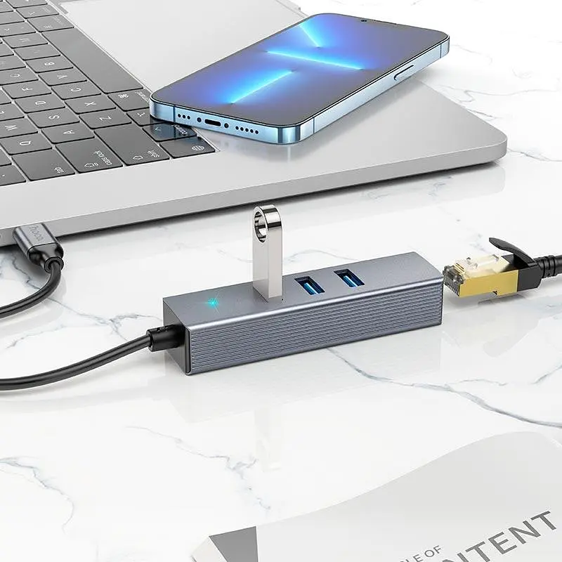Адаптер Hoco Ethernet HB34 Usb на 4 порти (3 Usb 3.0x3 + RJ45) - фото 4