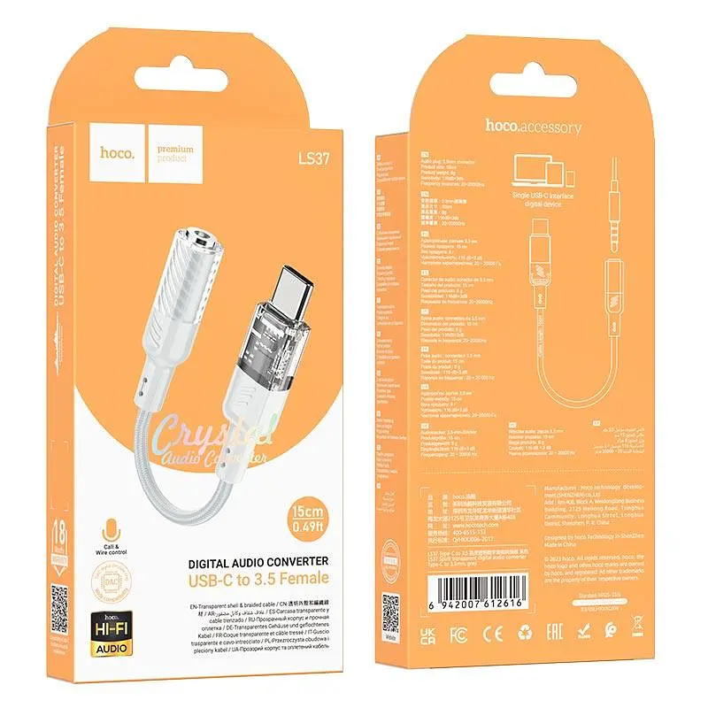 Перехідник Hoco Spirit transparent digital audio converter Type-C to 3.5 мм LS37 кабелем 15cm світло сірий - фото 2