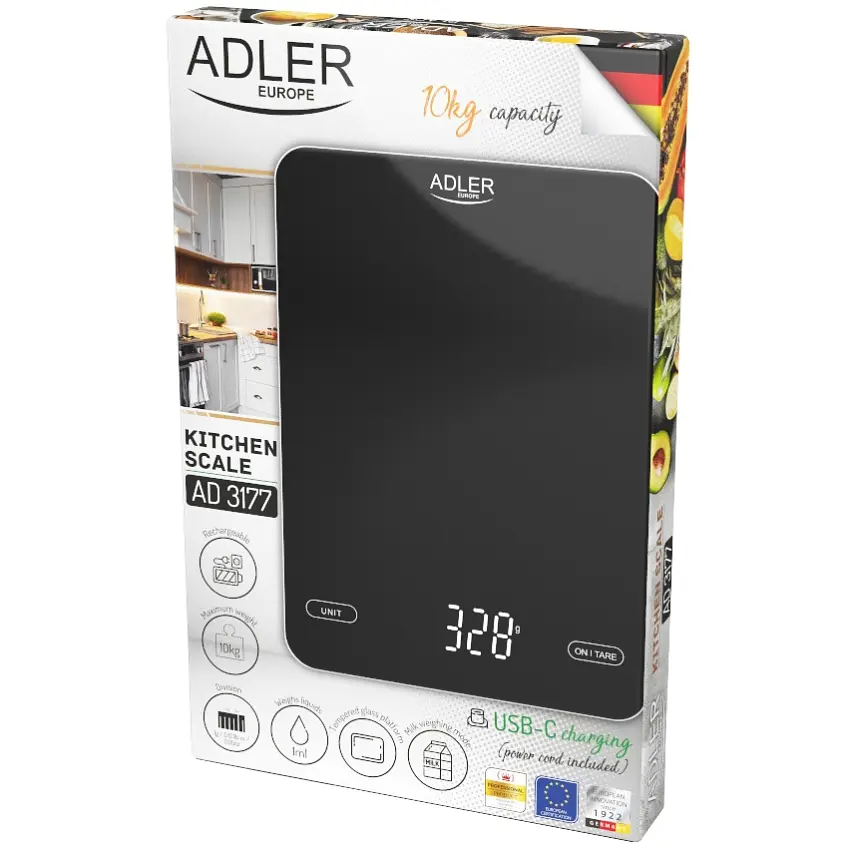 Ваги кухонні Adler AD 3177 black електронні/ 10кг/ г; мл, унція/ USB type C/ автовимкнення/ скло - фото 5