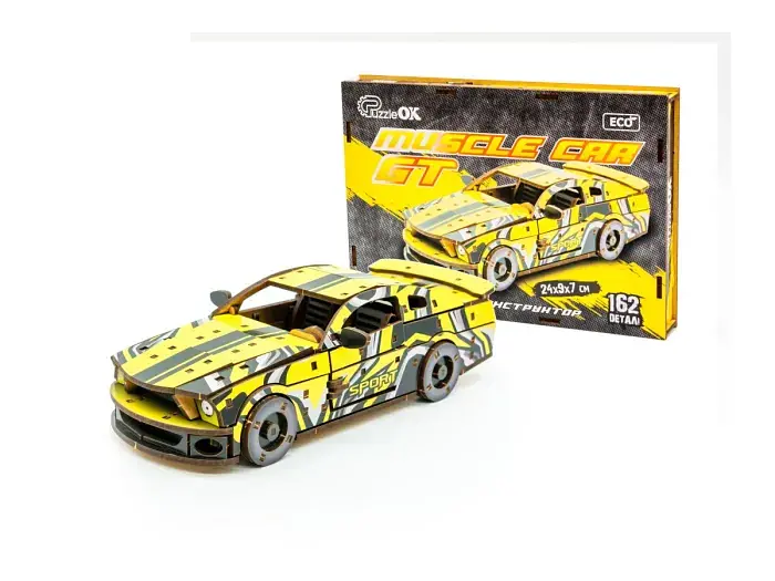 Дерев'яний 3D конструктор Muscle car GT, Puzzleоk (Puz-00638), 162 дет. (жовта)