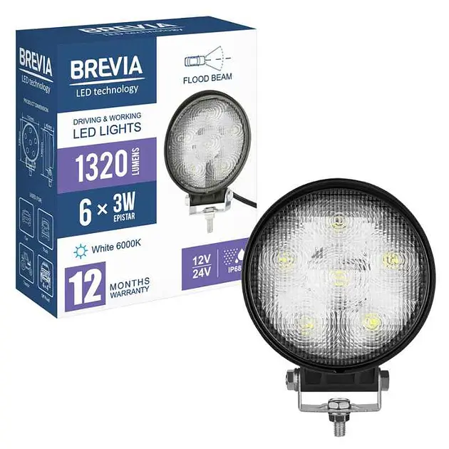 LED фара Brevia Flood Ближнє світло 10-30V 18W (6x3W) 1320Lm Алюмінієвий корпус IP68 (10621RFX1) - фото 7