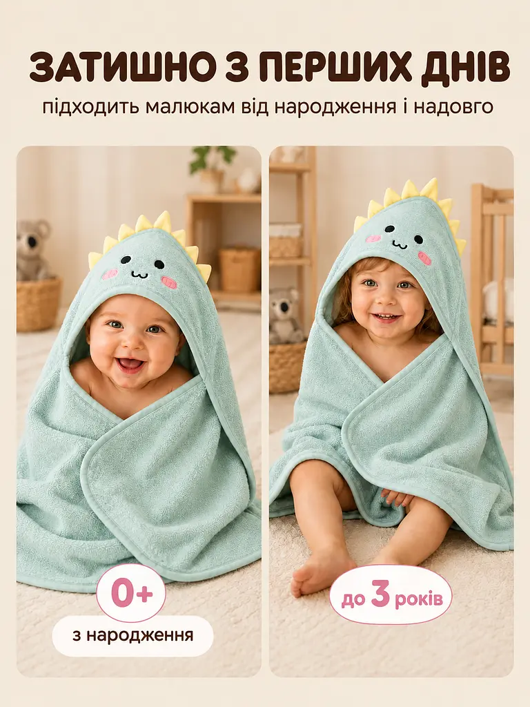 Дитячий рушник пончо з кутиком дитяче з капюшоном для купання немовлят дівчинки хлопчика 80х80 см зелений - фото 2