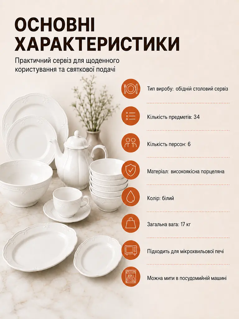 Столовий сервіз порцеляновий 34 предмети на 6 персон з тарілками та чайником Білий (37261989) - фото 5
