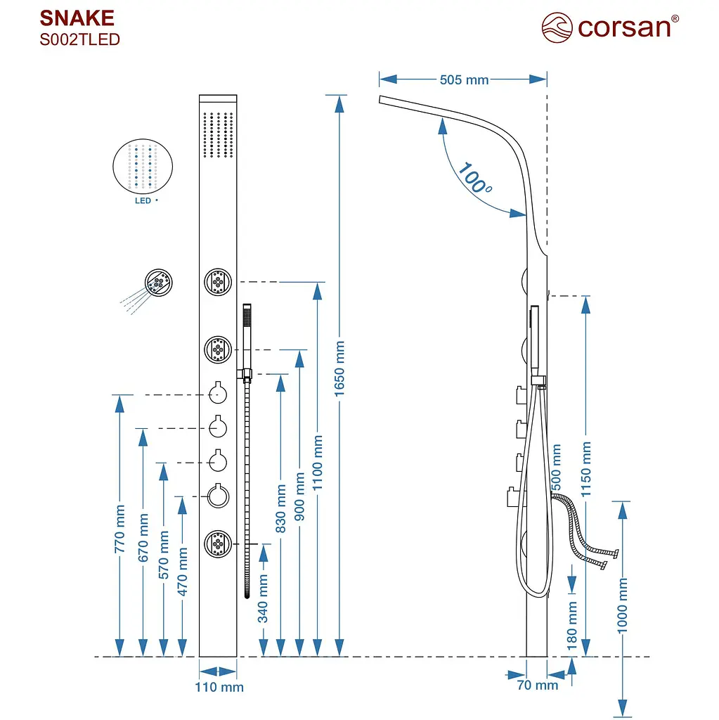 Душевая панель Corsan Snake black LED с термостатом S002TBLLED, Черный матовый - фото 5
