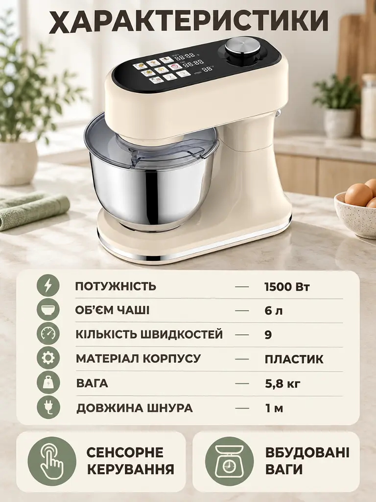Стаціонарний планетарний міксер 1500 Вт із чашею 6 л бежевий (37261564) - фото 6