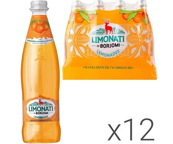 Borjomi Limonati, Упаковка 12 шт. х 0,5 л, Напій газований соковмісний Аджарський мандарин Боржомі, скло
