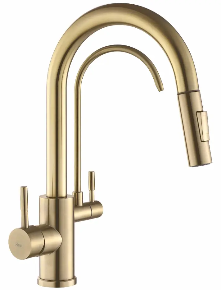Змішувач для кухні на дві води Rea Eco Fresh із висувним виливом brushed gold REA-B7596