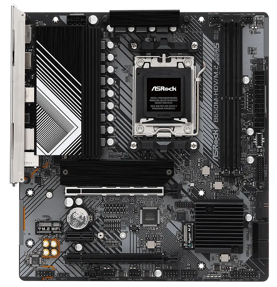 Материнская плата AM5 ASRock B650M-HDV/M.2, B650, 2xDDR5, Int.Video (CPU), 4xSATA3, 2xM.2, 2xPCI-E 4.0 16x, 1xPCI-E 4.0 1x, 1xM.2 (Key E), ALC897, RTL8125BG, 8xUSB3.2/8xUSB2.0, HDMI/DP, CrossFire, Micro ATX - фото 2