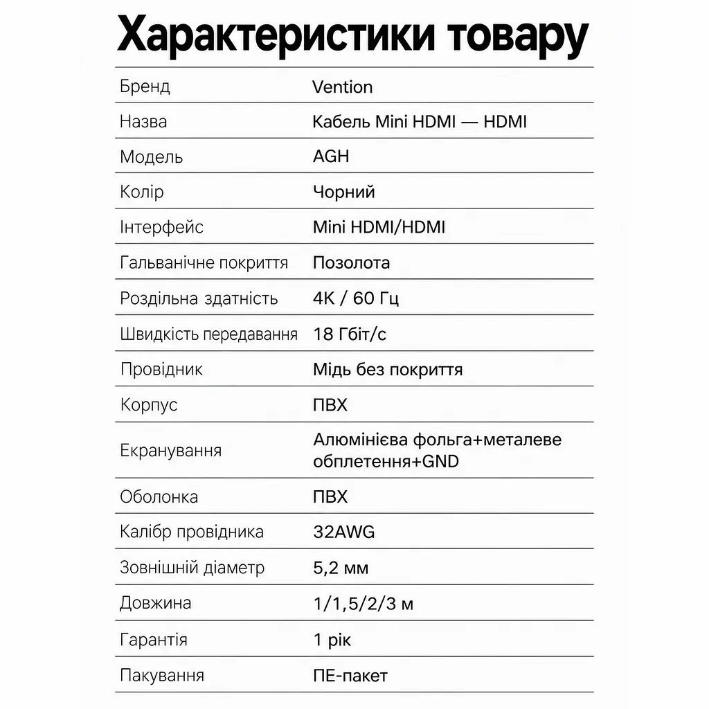 Відеокабель Vention AGHBH Mini HDMI - HDMI 4K 60 Гц 2 м чорний (AGHBH) - фото 12