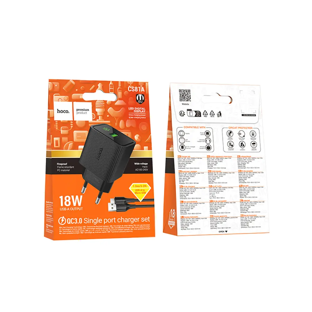 МЗП Hoco CS81A Excellent single port QC3.0 charger with digital display set(Micro)(EU) Black - фото 2
