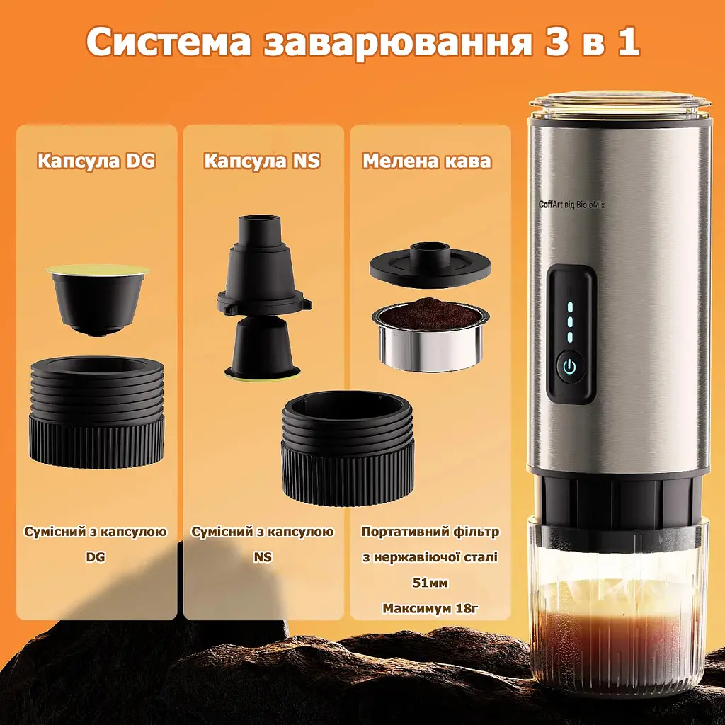 Портативна кавоварка BioloMix WY-007 3-в-1 для справжнього еспресо будь-де (Чорний) - фото 5