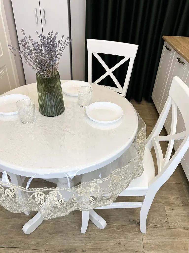 Силіконова скатертина кругла з мереживом Арка 15 см 120х120 см Бежевий - фото 3