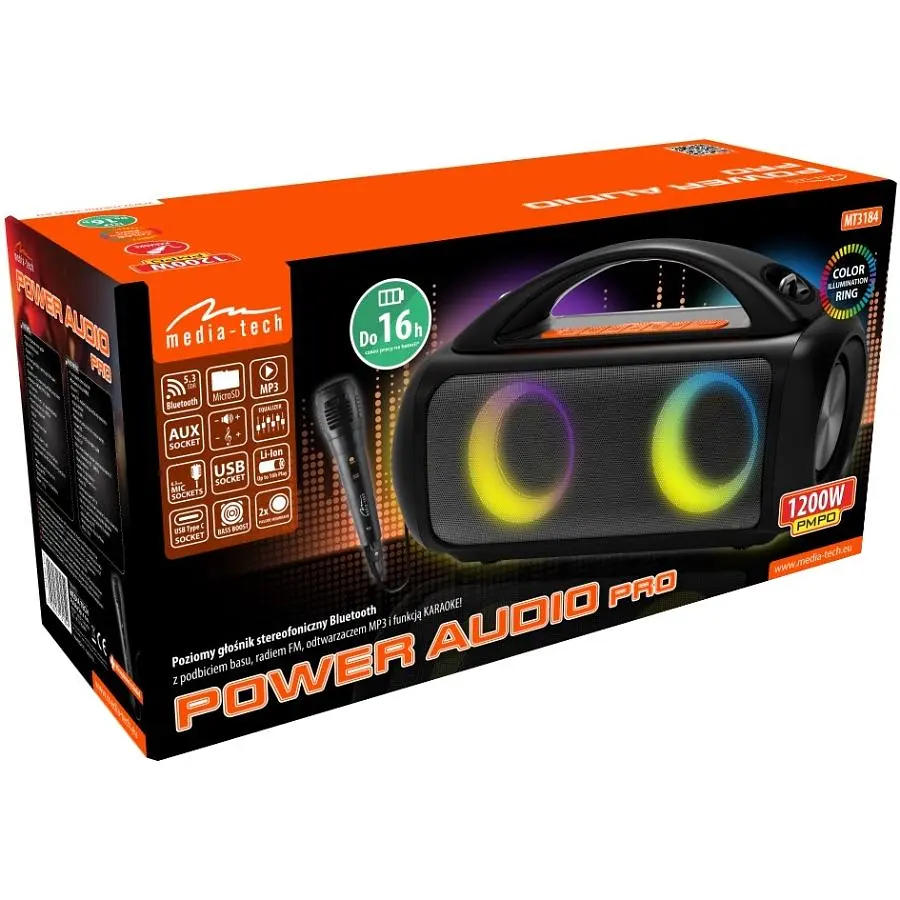 Акустична система 1.0 Media-Tech 60W, Bluetooth/AUX/microSD/MP3/USB/TWS/КАРАОКЕ/RGB,чорна (MT3184) - фото 3
