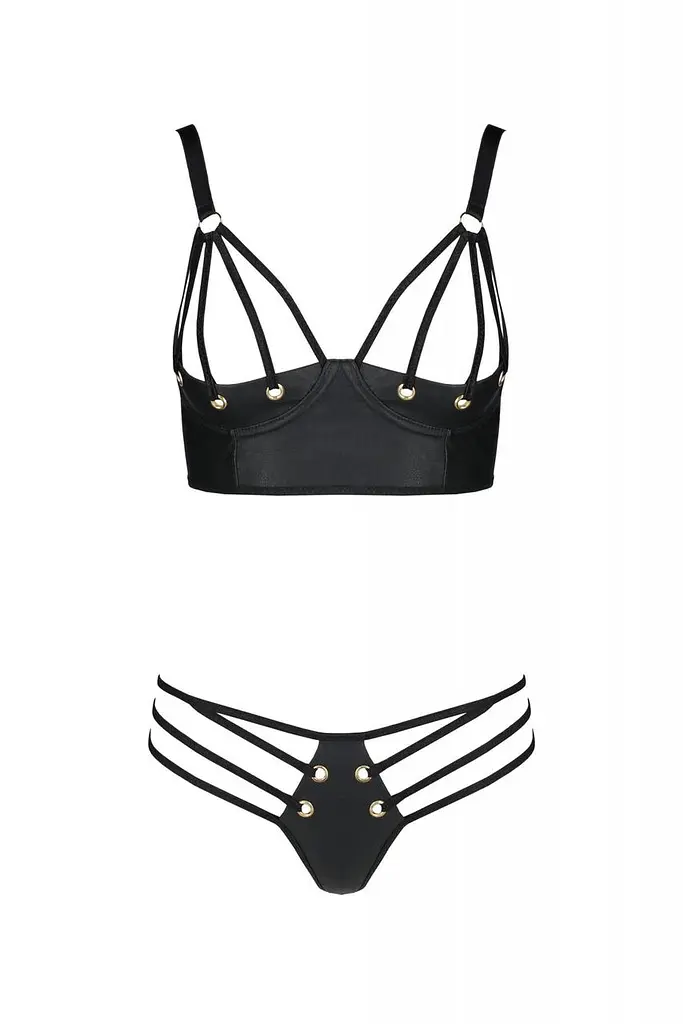 Комплект з екошкіри Passion Malwia Bikini 4XL/5XL black, з люверсами та ремінцями, бра, трусики, 4XL/5XL - фото 3