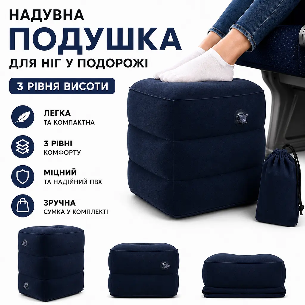 Подушка надувна для ніг 3-рівнева для подорожей + подушка для шиї - сумка-подушка - набір для літака поїзда та авто чорний - фото 4