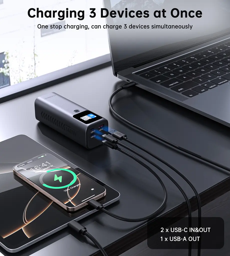 УМБ Choetech 27000mAh 140W PD5.0,QC3.0, USB-A, 2xUSB-C In/Out, TFT Display, black - фото 7