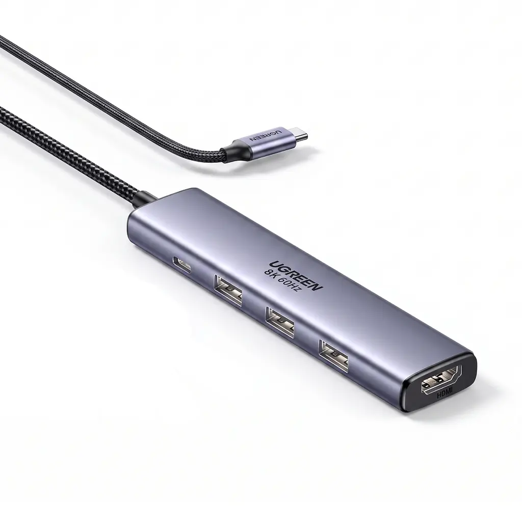 USB-C хаб UGREEN CM478 док-станція 5 в 1 HDMI 2.1 до 8K 60 Гц і 4K 240 Гц також 2K 240/144 Гц та 1080p 240 Гц 3 USB-A 2.0 вхід USB-C PD 3.0 до 100 Вт наскрізне заряджання для HDMI потрібен USB-C з DisplayPort Alt Mode режими потребують підтримки пристроєм кабелем і дисплеєм Plug and Play без драйвера хаба динамічний HDR Dolby Atmos колір 12 біт вбудований кабель в обплетенні близько 20 см космічний сірий (55611)