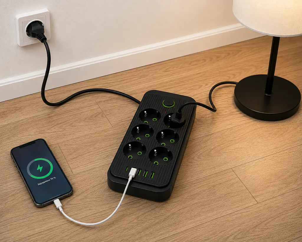 Мережевий фільтр (подовжувач) / Power — Socket F06U 6 розеток 4 USB + Type-C чорний 26X-211 / Мережевий подовжувач розеток - фото 3