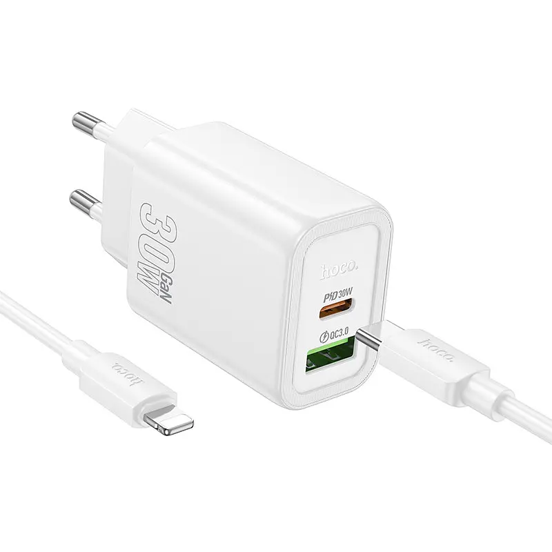 СЗУ Hoco N63 Gentle PD30W+QC3.0 (1USB-A/1C) + кабель Type-C to Lightning White - фото 4