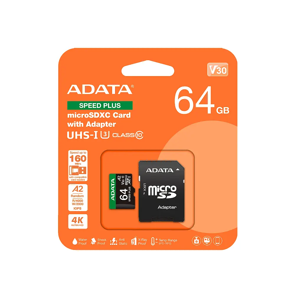 Карта пам'яті microSDXC (UHS-1 U3) A-DATA SPEED PLUS 64Gb Class 10 V30 A2 (R-160Mb/s W140Mb/s) (adapter SD) - фото 2