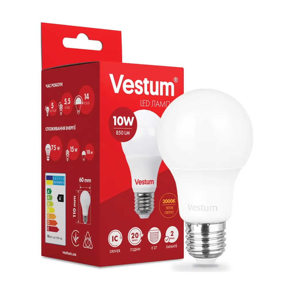 Лампочка Vestum A60 10W 3000K 220V E27 (1-VS-1106) - фото 2