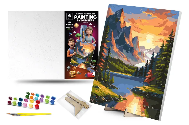 Картина за номерами Qbee Світанок у горах з дерев'яною підставкою 40x50 см QB900-048 - фото 1
