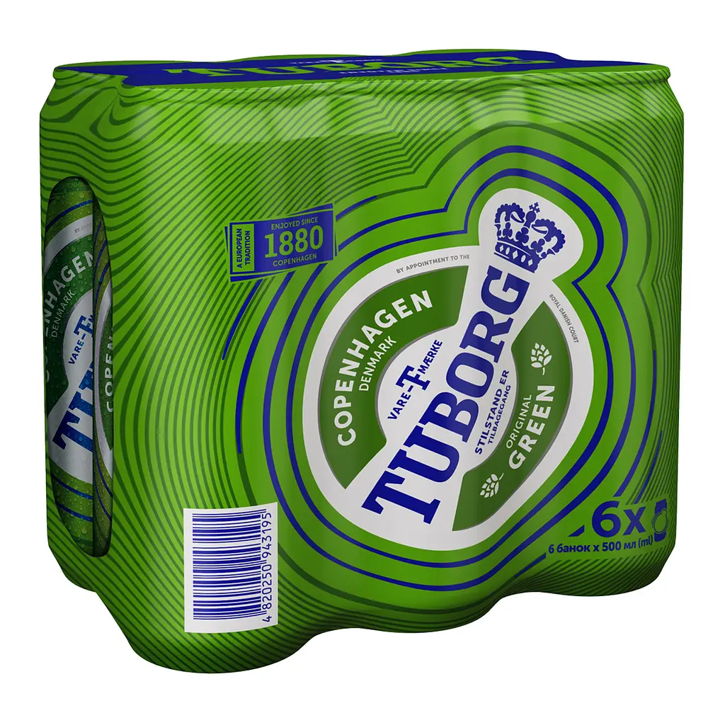 Набор пива Tuborg Green светлое 4.6% 3 л (6 шт. по 0.5 л) ж/б - фото 2