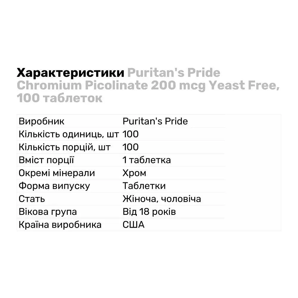 Витамины и минералы Puritan's Pride Chromium Picolinate 200 мкг Yeast Free 100 таблеток - фото 2