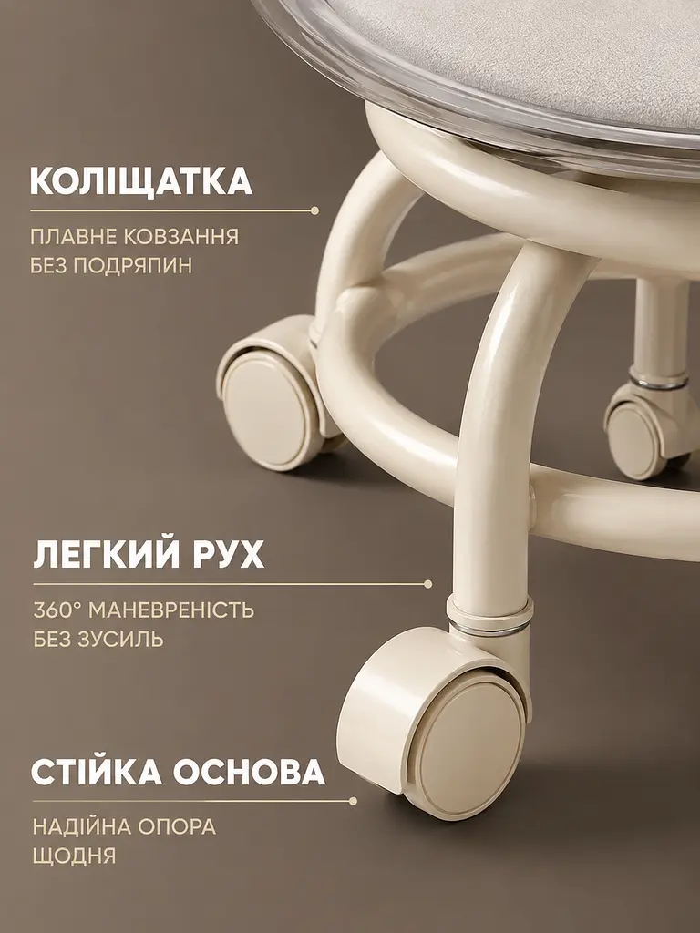 Компактний стілець на коліщатках для дому з м’яким сидінням та акриловою спинкою 29×30×38 см, прозорий (49676314) - фото 7