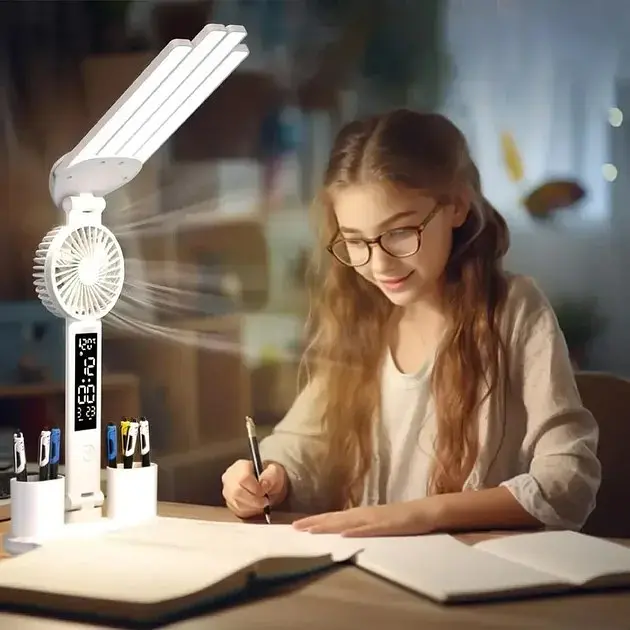 Настільна LED-лампа KRX-1011 з вентилятором, годинником і підставкою - фото 2