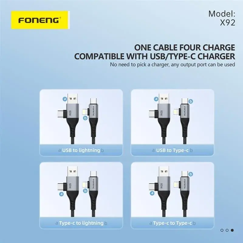 Кабель Foneng X92 4-in-1 (60W) USB/USB-C - USB-C/Lightning (M/M), 1 м, Black (X92-CA-FIO) - фото 4