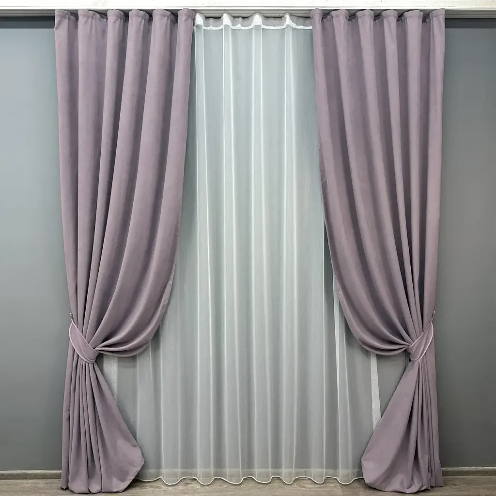 Комплект штор з тюлем VR-Textil Мікровелюр Petek, лавандовий з білим, 2 штори 200×270 см + тюль 500×270 см, арт. 71-054/6
