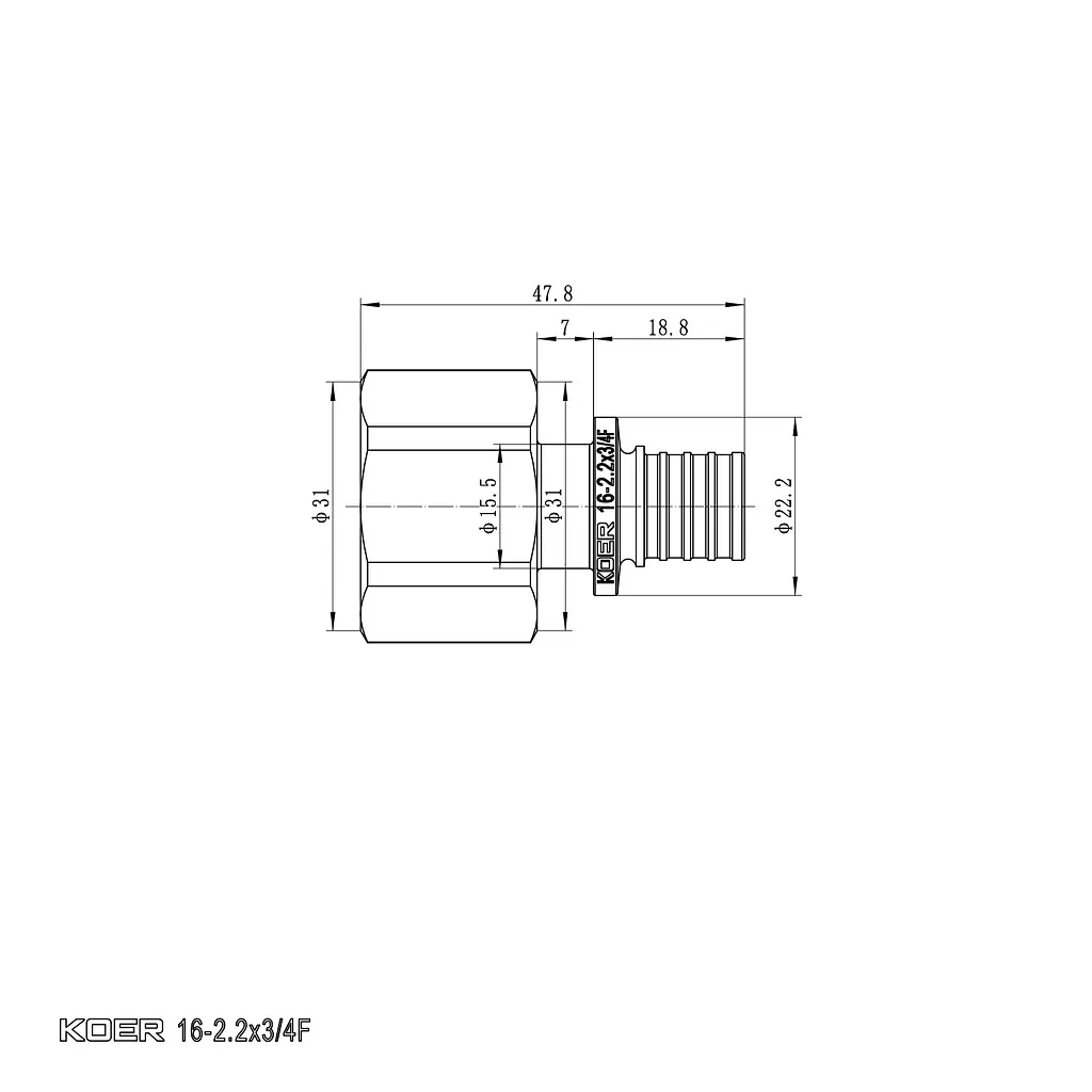 Перехідник з ВР Koer Ka.A08F-16 - 16(2.2mm) x 3/4"F KR4862 - фото 2