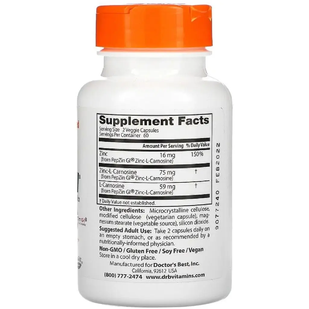 Комплекс цинк карнозін Doctor's Best PepZin 120 вегетаріанських капсул - фото 2
