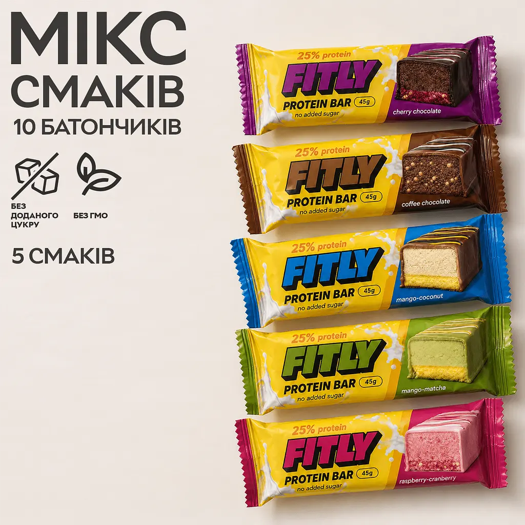 Мікс протеїнових батончиків Protein Bar 25% No Added Sugar, 10*45 грам MIX Fitly vit0004603 - фото 2