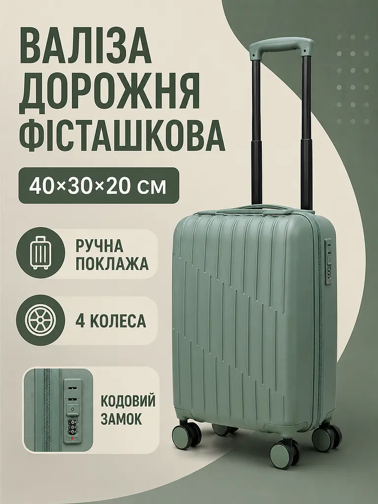 Дорожня валіза на коліщатках 40×30×20 см для ручної поклажі з телескопічною ручкою та кодовим замком, фісташковий (49676350) - фото 2