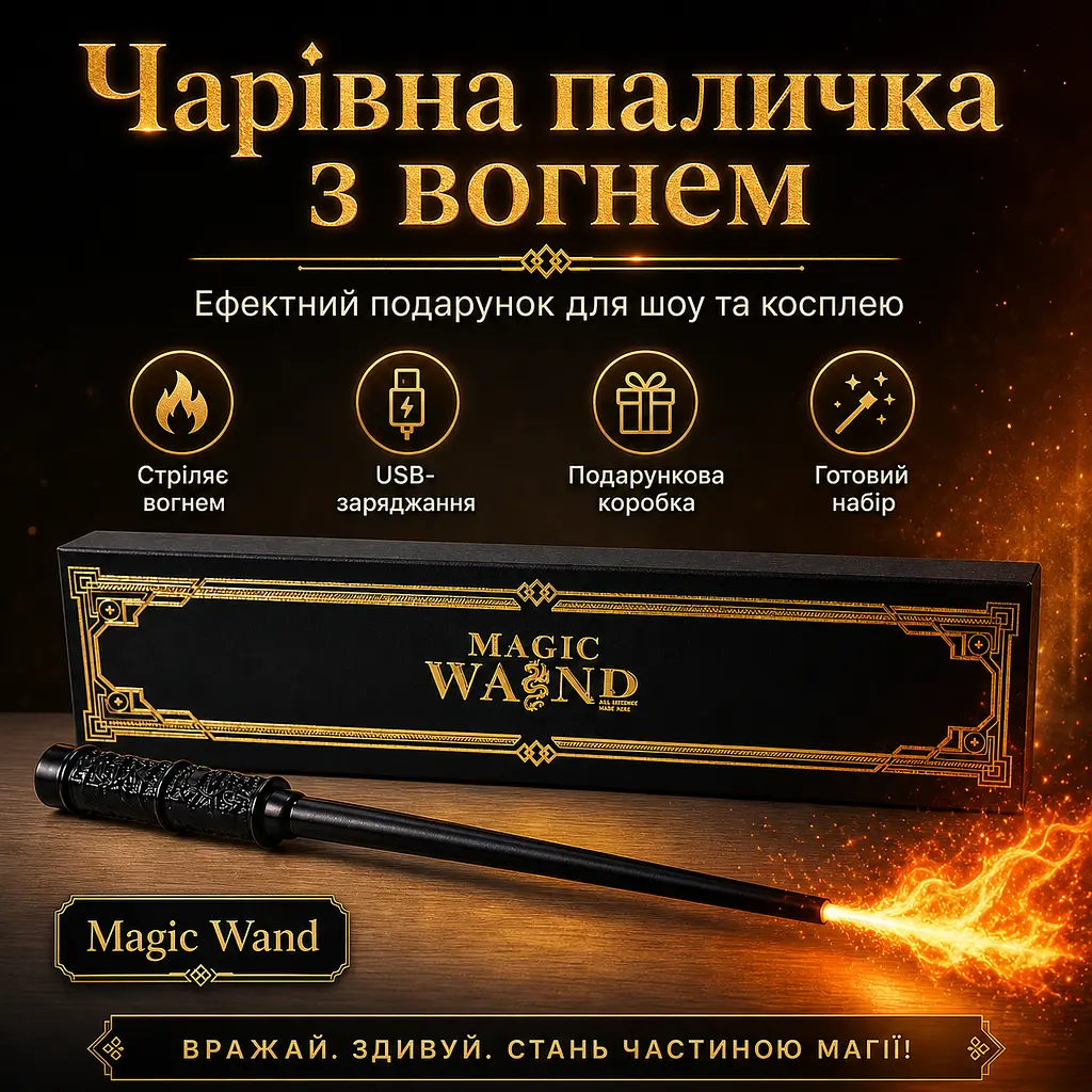 Магічна паличка Чорна Magic Wand — Подарунковий набір з USB-зарядкою й ефектним дизайном, що стріляє вогнем - фото 2
