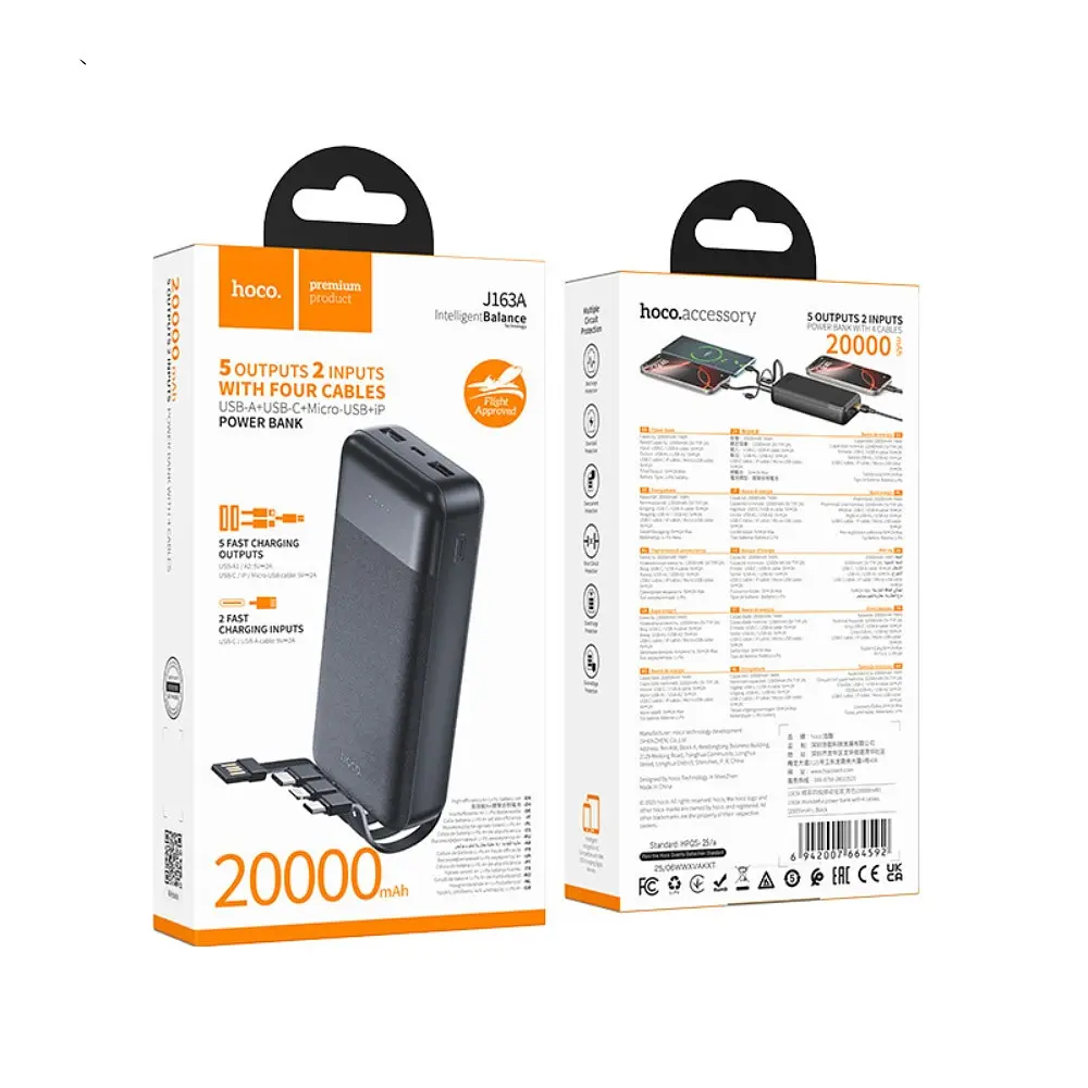 Зовнішній аккумулятор HOCO J163A Wonderful power bank with 4 cables(20000mAh) Чорний - фото 2