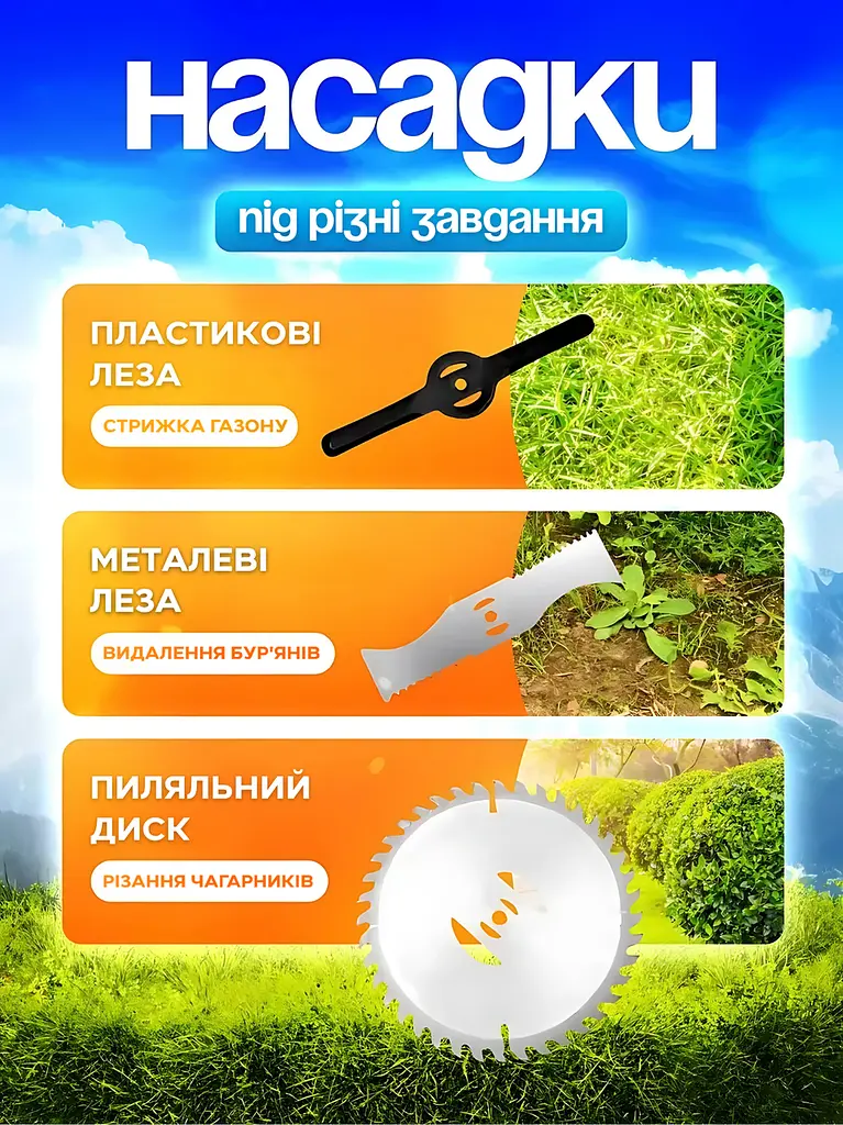 Електрична газонокосарка, 2 акумулятори, 2000 мА-год, Тример садовий акумуляторний Блакитний (3187974247) - фото 6