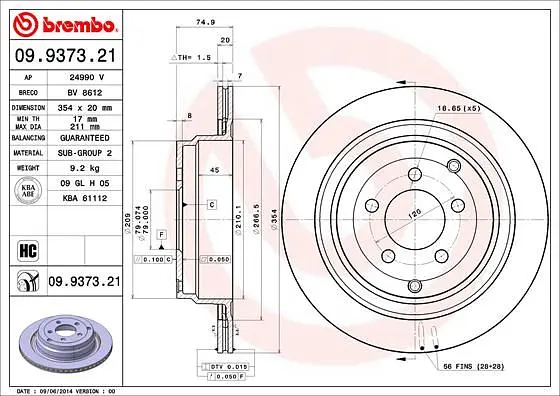 Диск гальмівний задній вентильований Land Rover Range Rover III 02-12р Brembo (09.9373.21) - фото 2