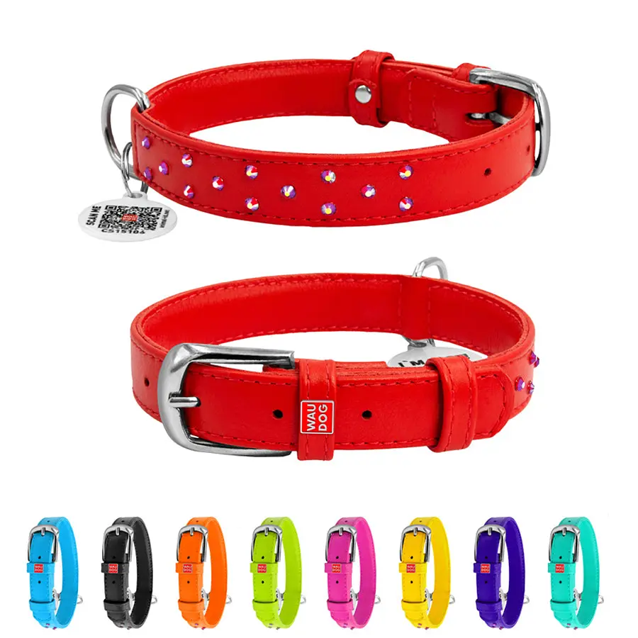 Ошейник для собак кожаный Waudog Glamour с QR-паспортом с клеевыми стразами Ш 20 мм Д 30-39 см красный - фото 2