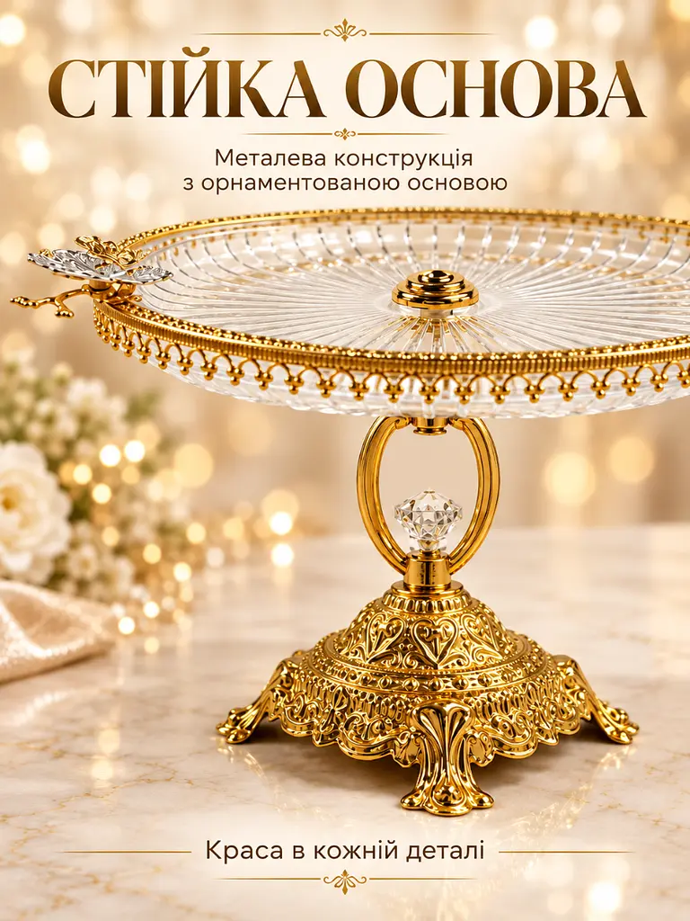 Підставка для сервірування кругла на ніжці 25х16.5 см зі скла та металу для десертів золотиста (37261106) - фото 6