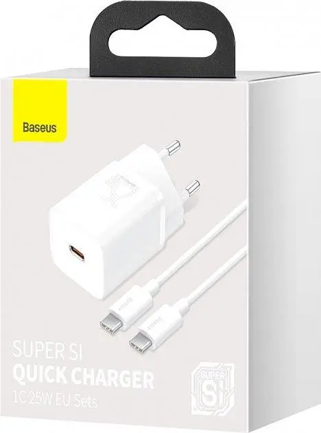 Сетевое зарядное устройство Baseus Super Si Quick Charger с Mini Cable Type-C to Type-C 3A 25W EU Sets Белый - фото 2